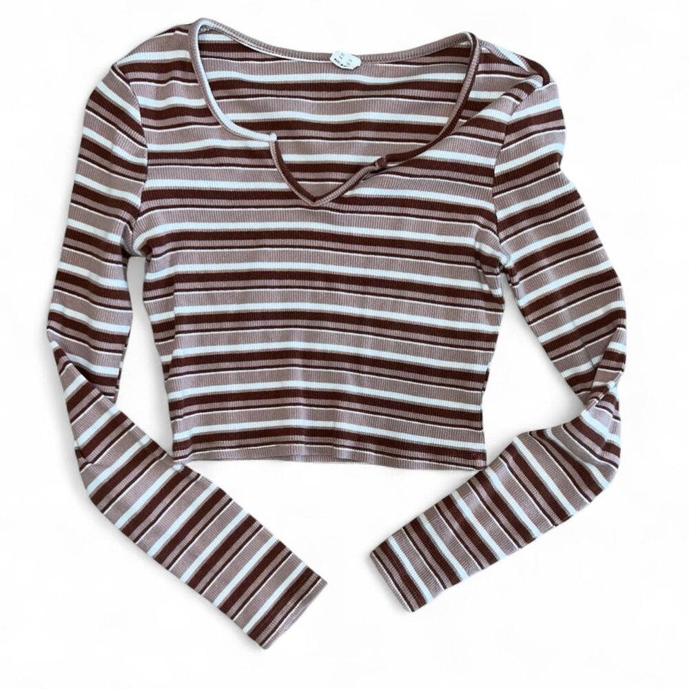 Brown and White Striped Long Sleeve Casual Shirt
